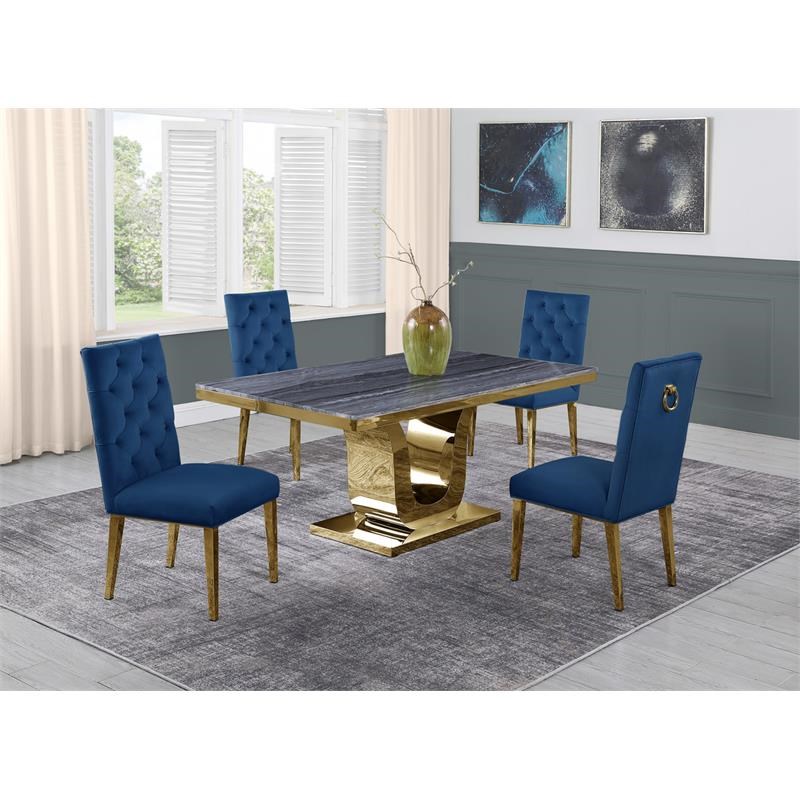 5pc. Dining Set with Gray Marble Table and Navy Velvet Chairs