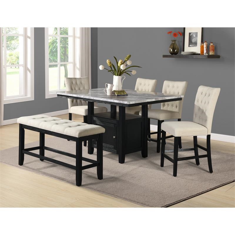 Faux White Marble Counter Height Dining Set with Wood Storage and Beige Chairs
