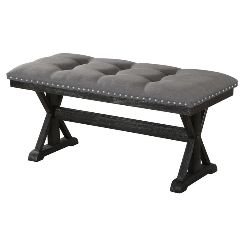 Upholstered Gray Linen Fabric Dining Bench with Tufts and Dark Espresso Base