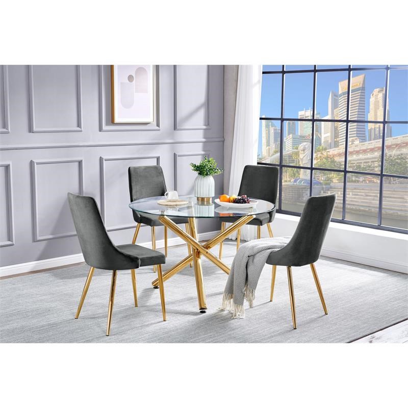 5pc Circular Clear Glass Dining Table Set with Gray Velvet Chairs