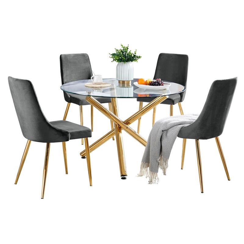 5pc Circular Clear Glass Dining Table Set with Gray Velvet Chairs