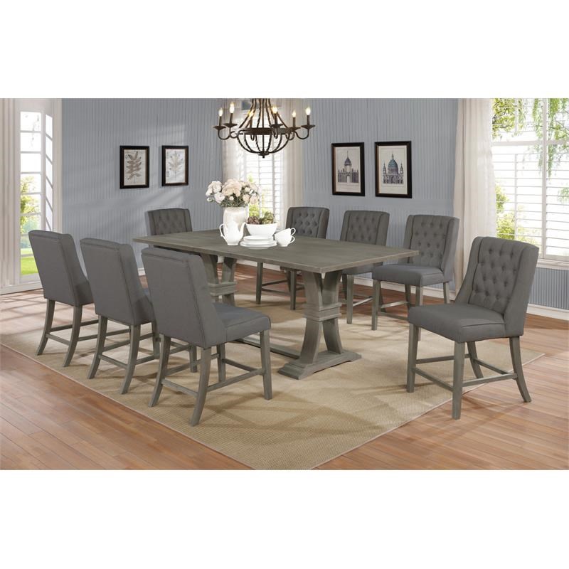 Rustic Counter-height Gray Wood 9pc Dining Set with Gray Linen Chairs
