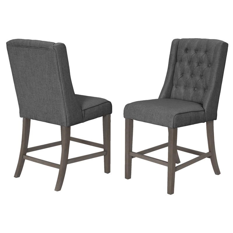 Counter-height Rustic Gray Wood Chair (Set of 2) with Gray Fabric Tufted Seats