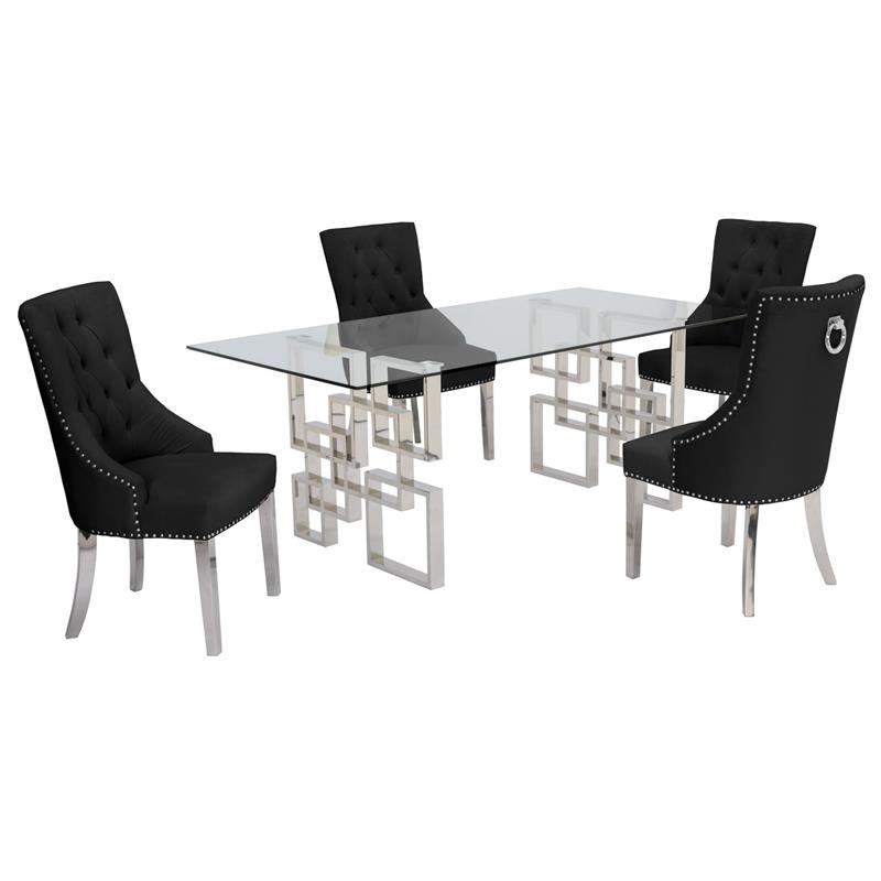 Rectangular Clear Glass 5pc Dining Set with Silver Stainless Steel Base