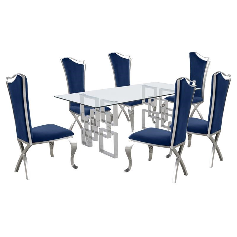 Rectangular Clear Glass 7pc Dining Set with Silver Stainless Steel Base