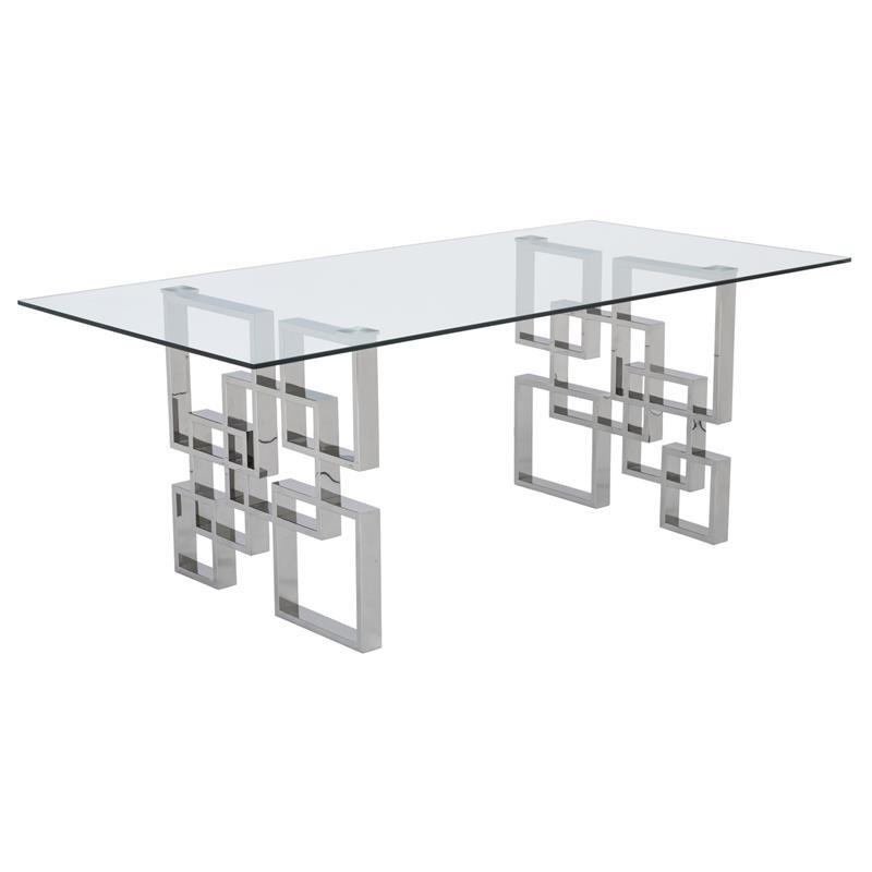 Rectangular Clear Glass Dining Table with Silver Geometric Stainless Steel Base