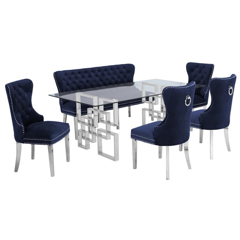 6pc Clear Glass Dining Set with Silver Stainless Steel Base + Chairs + Bench