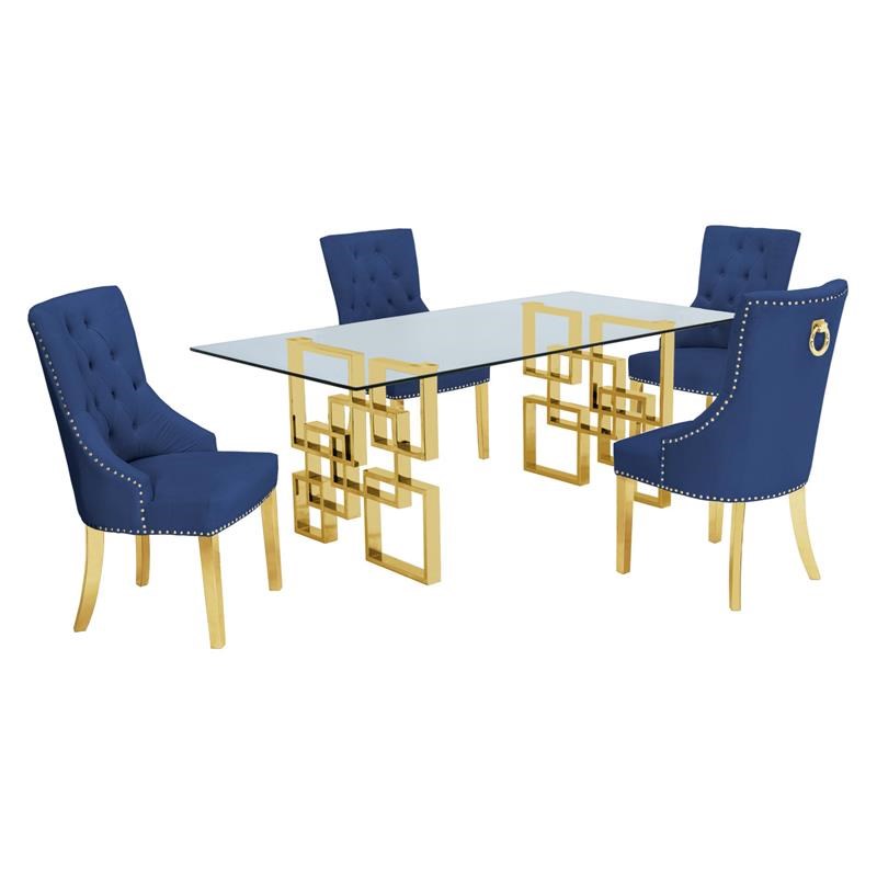 Rectangular Clear Glass 5pc Dining Set with Gold Stainless Steel Base