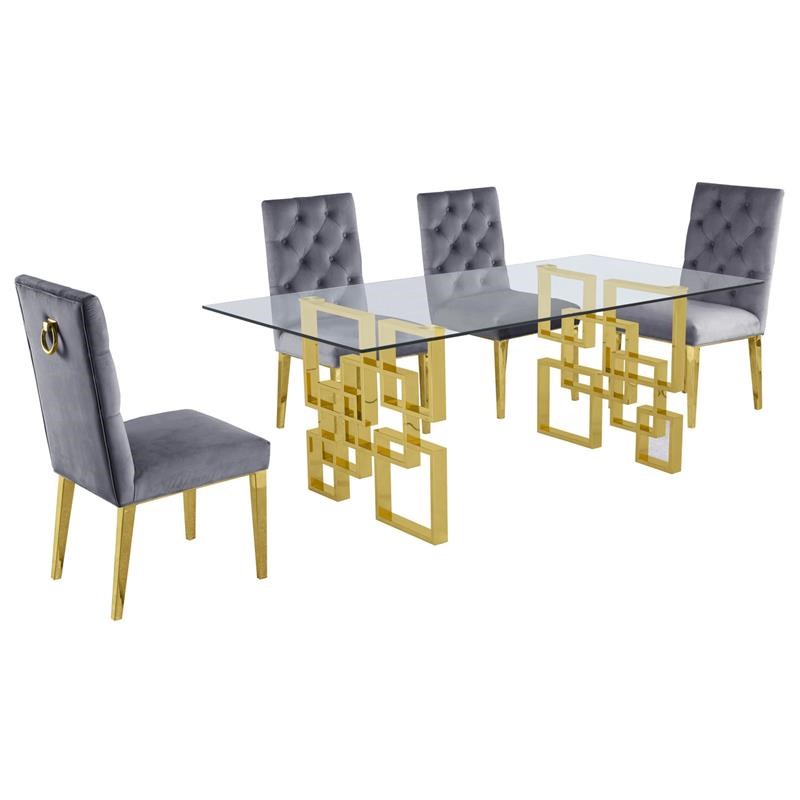 Rectangular Clear Glass 5pc Dining Set with Gold Stainless Steel Base