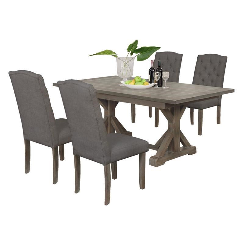 5pc Rustic Wood Dining Set with Table and Tufted Gray Linen Chairs