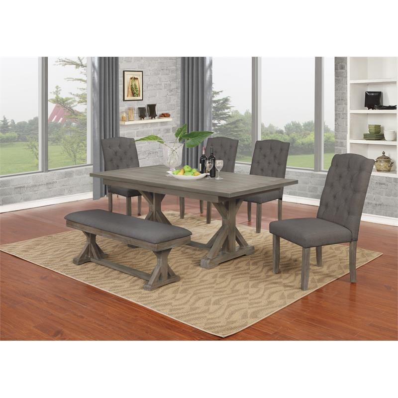 6pc Rustic Wood Dining Set with Table and Tufted Gray Linen Chairs and Bench