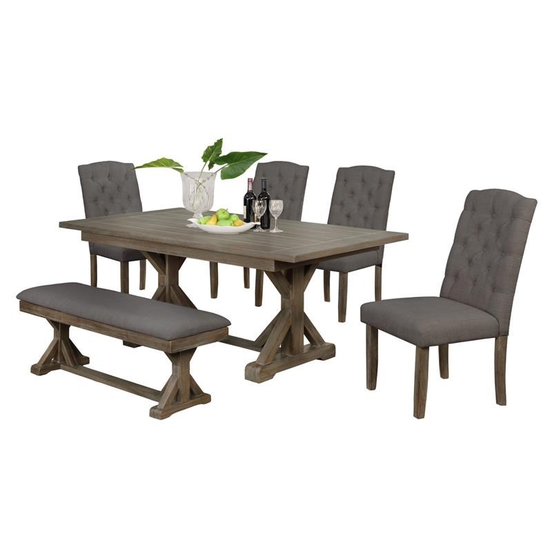 6pc Rustic Wood Dining Set with Table and Tufted Gray Linen Chairs and Bench