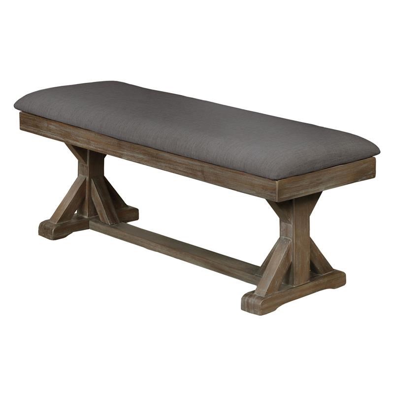 Rustic Wood Dining Bench Upholstered with Gray Linen Fabric