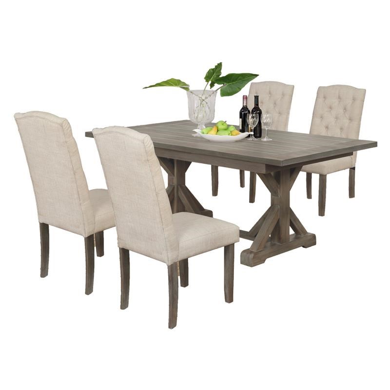 5pc Rustic Wood Dining Set with Table and Tufted Beige Linen Chairs