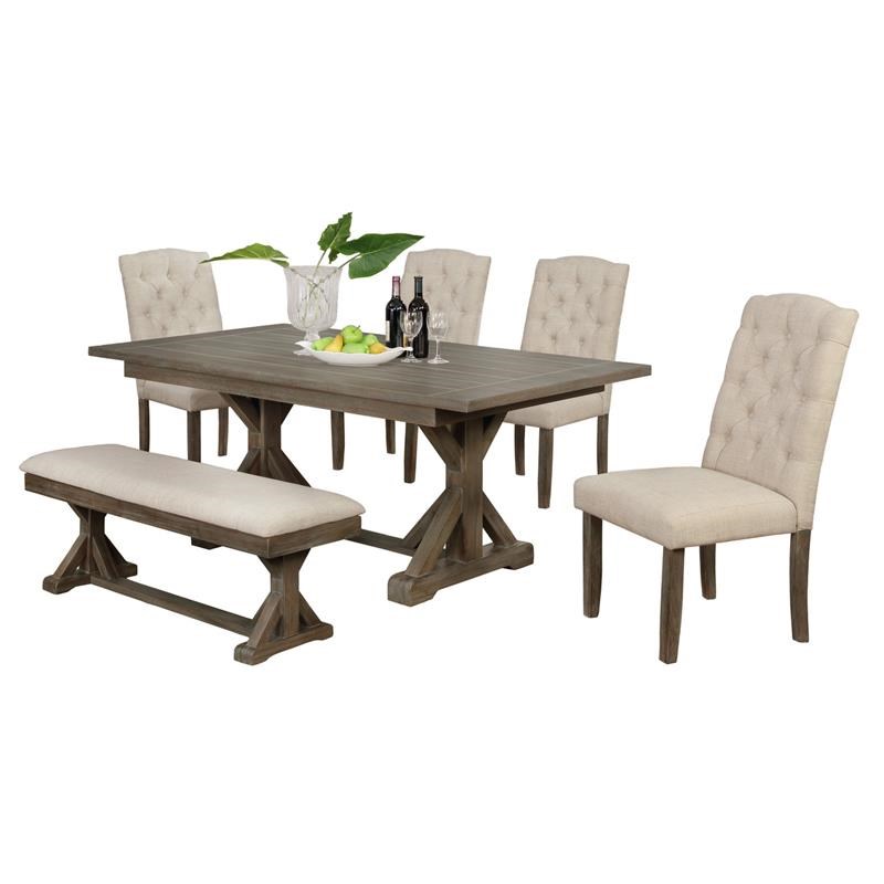 6pc Rustic Wood Dining Set with Table and Tufted Beige Linen Chairs and Bench