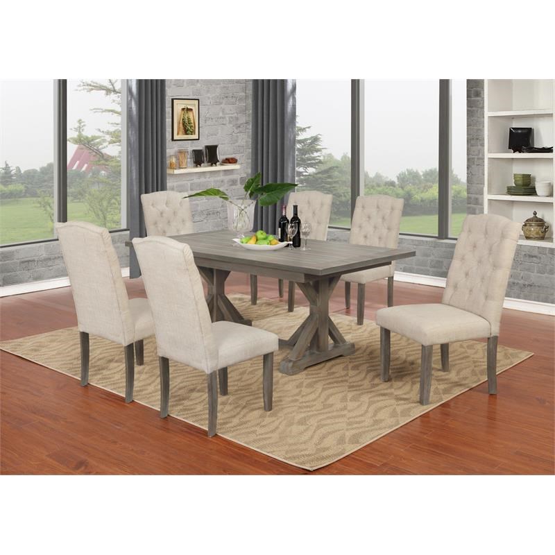 7pc Rustic Wood Dining Set with Table and Tufted Beige Linen Chairs