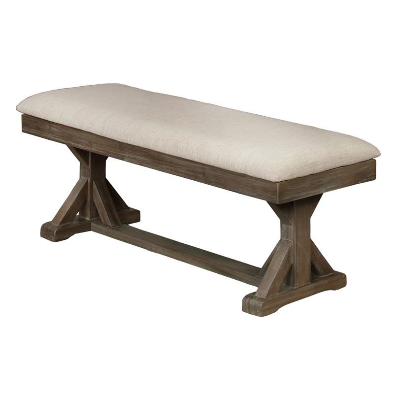 Rustic Wood Dining Bench Upholstered with Beige Linen Fabric