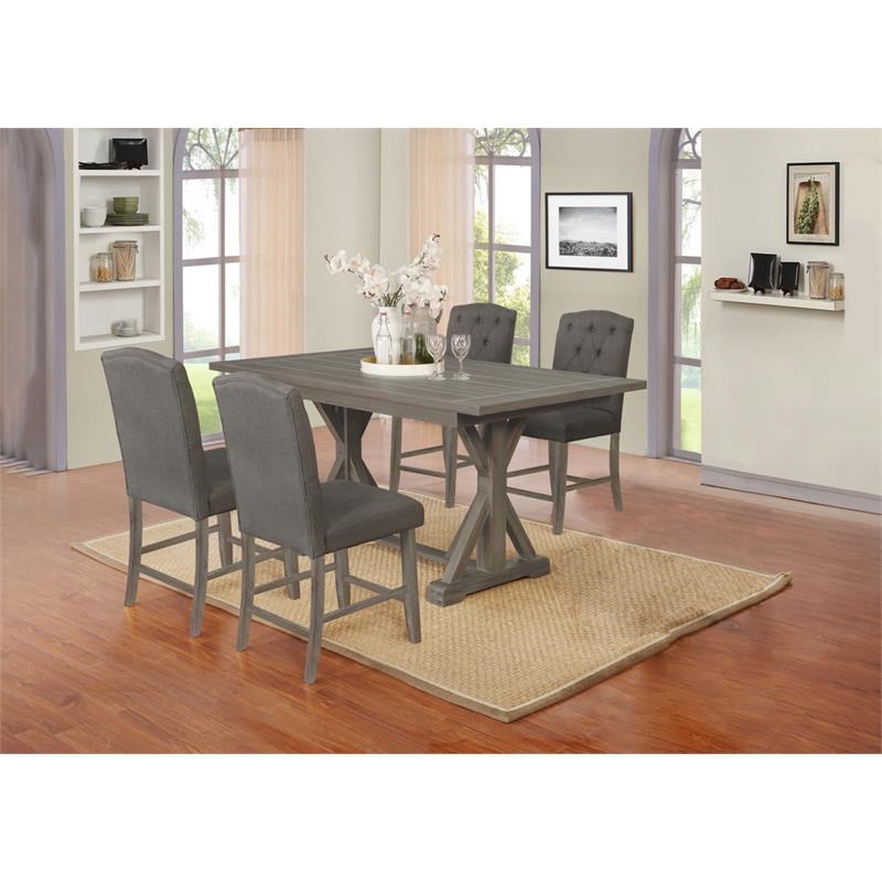 5pc Rustic Wood Counterheight Dining Set with Table and Gray Linen Chairs