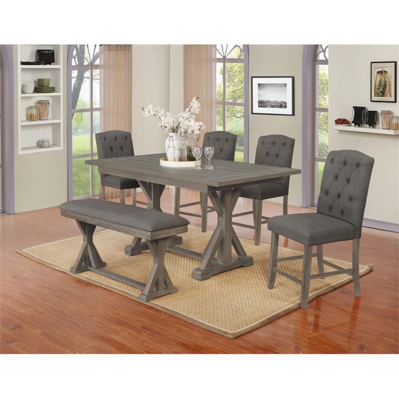 6pc Rustic Wood Counterheight Dining Set with Table + Gray Chairs + Bench