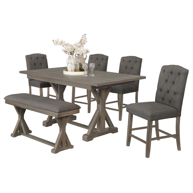 6pc Rustic Wood Counterheight Dining Set with Table + Gray Chairs + Bench