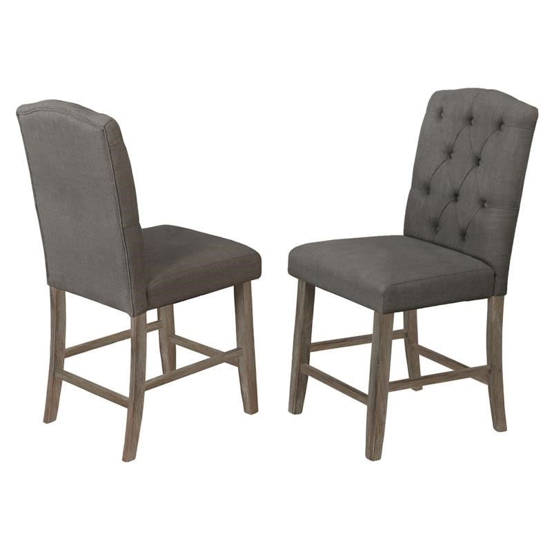 Rustic Wood Counterheight Dining Chairs with Gray Linen Fabric (Set of 2)
