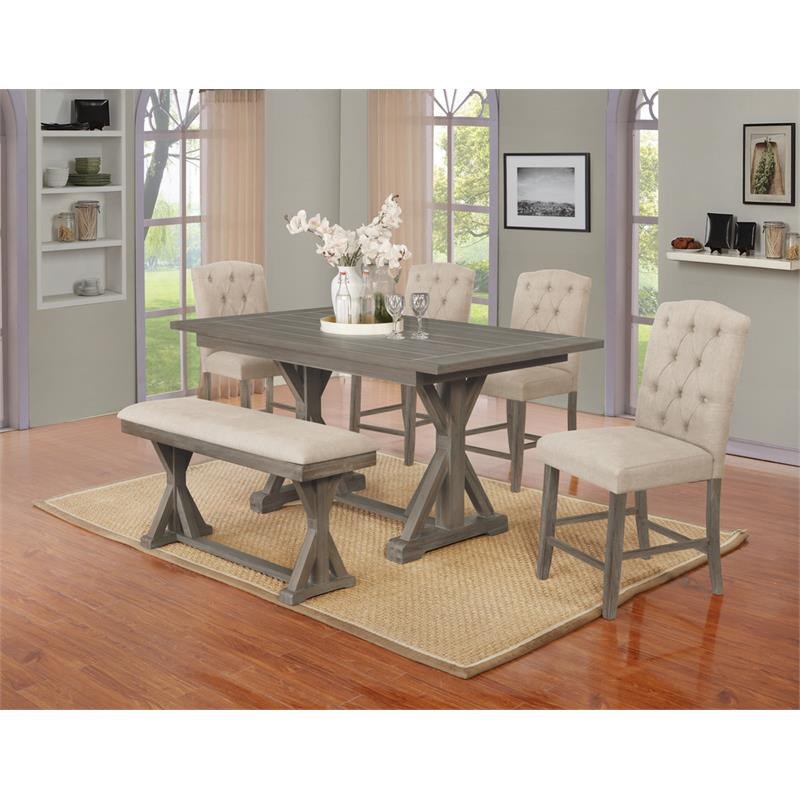 6pc Rustic Wood Counterheight Dining Set with Table + Beige Chairs + Bench