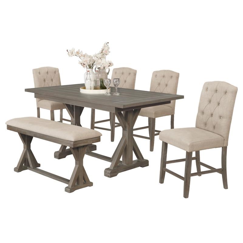 6pc Rustic Wood Counterheight Dining Set with Table + Beige Chairs + Bench