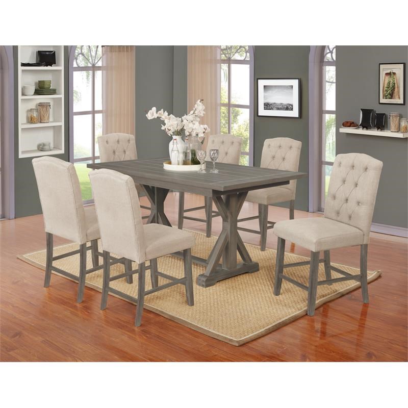 7pc Rustic Wood Counterheight Dining Set with Table and Beige Linen Chairs