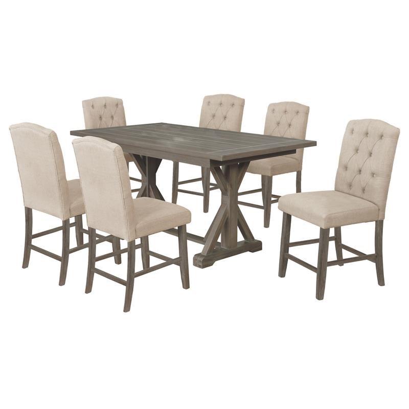 7pc Rustic Wood Counterheight Dining Set with Table and Beige Linen Chairs