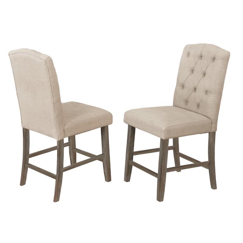 Rustic Wood Counterheight Dining Chairs with Beige Linen Fabric (Set of 2)