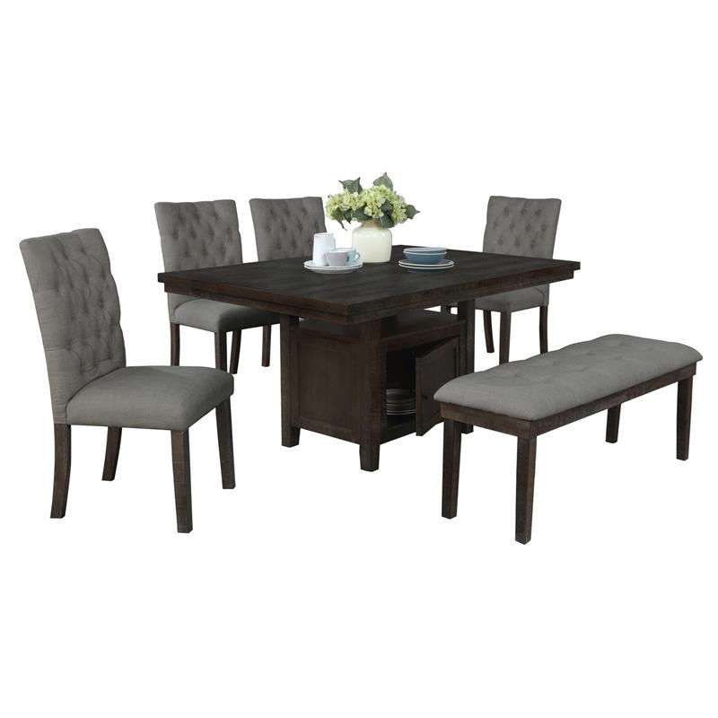 Rustic Dark Oak Wood 6pc Dining Set with Table + Gray Linen Chairs + Bench