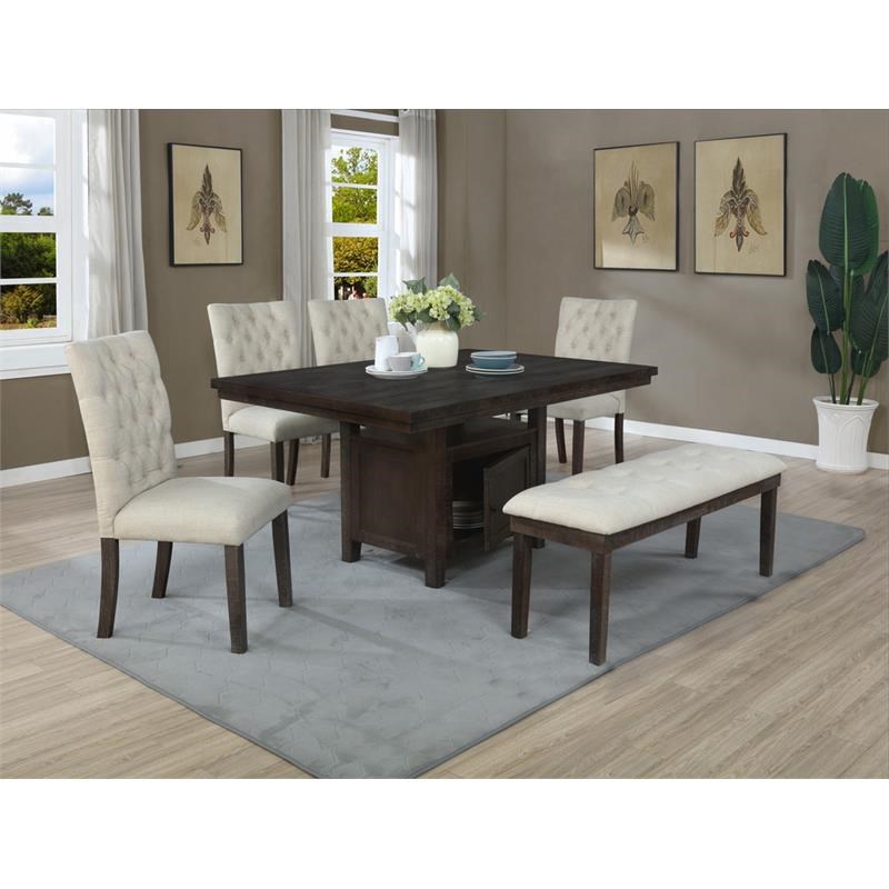 Rustic Dark Oak Wood 6pc Dining Set with Table + Beige Linen Chairs + Bench
