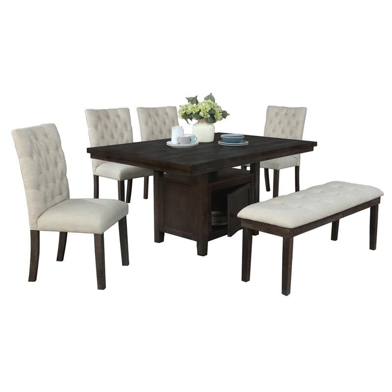 Rustic Dark Oak Wood 6pc Dining Set with Table + Beige Linen Chairs + Bench