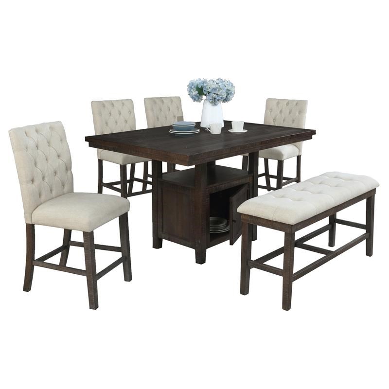 Counterheight Rustic Dark Oak Wood 6pc Dining Set with Beige Chairs + Bench