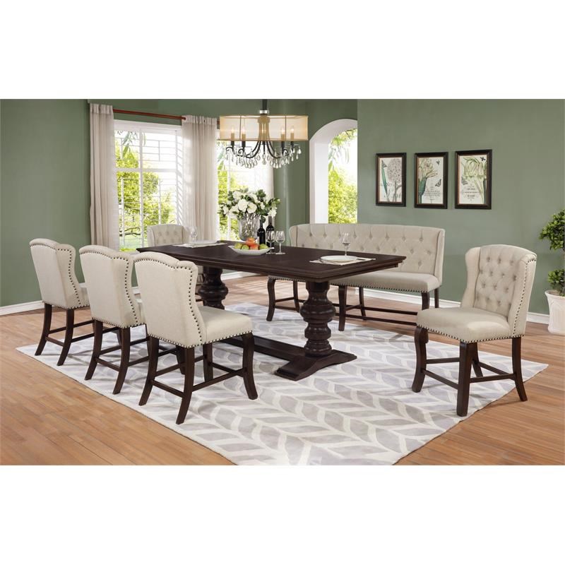 Cappuccino Wood Counterheight 7pc Dining Set with Extendable Table + Beige Seats