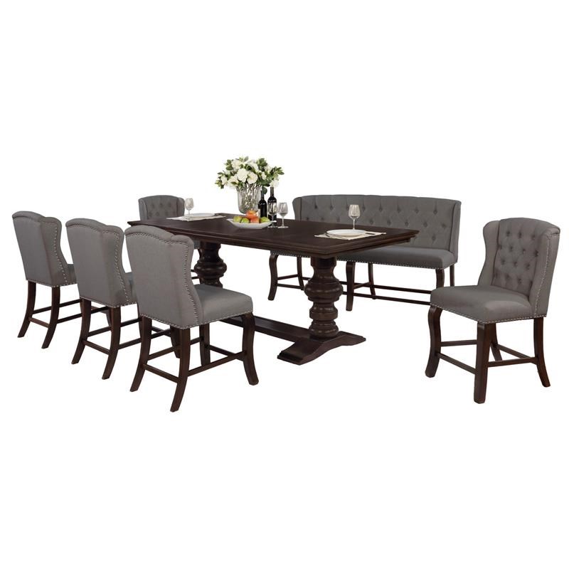 Cappuccino Wood Counterheight 7pc Dining Set with Extendable Table + Gray Seats