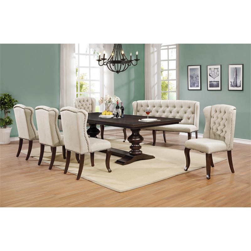Cappuccino Wood 7pc Dining Set with Extendable Table + Beige Seats
