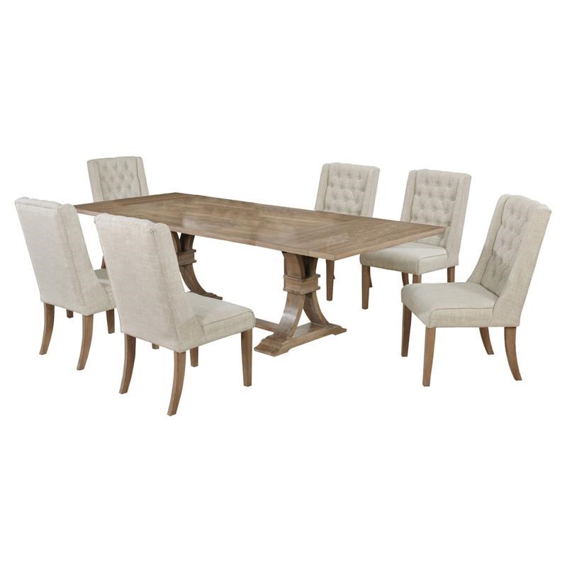 Rustic Natural Wood 7pc Dining Set with Extendable Table + Beige Linen Chairs