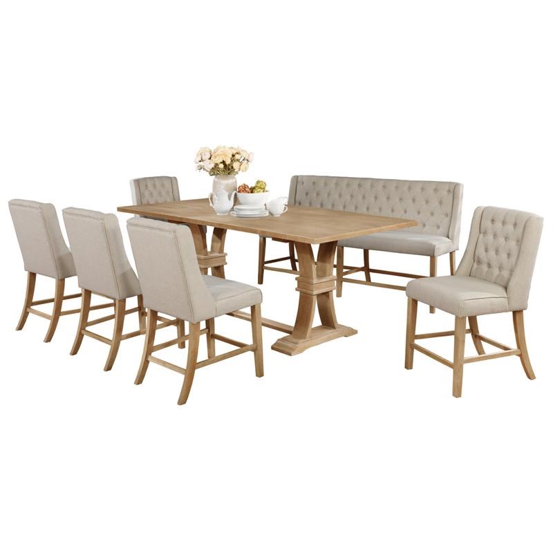 Natural Wood Counterheight 7pc Dining Set with Extendable Table + Beige Seats