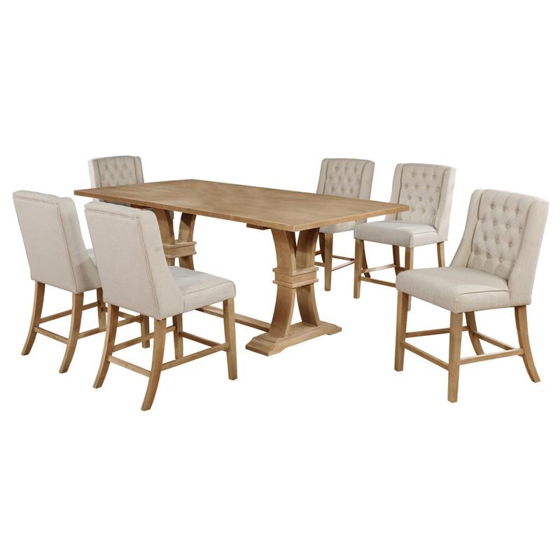 Natural Wood Counterheight 7pc Dining Set with Extendable Table + Beige Chairs