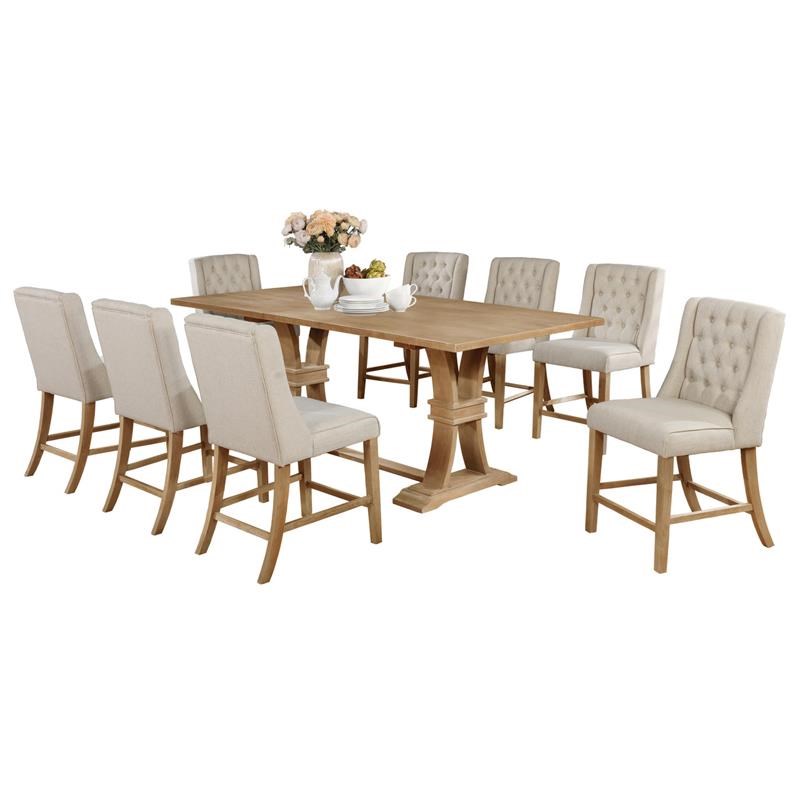 Natural Wood Counterheight 9pc Dining Set with Extendable Table + Beige Chairs