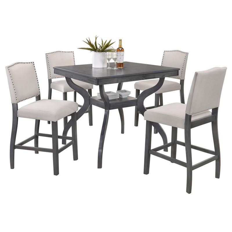 5pc Counterheight Dining Set in Gray Wood and 4 Light Gray Linen Chairs