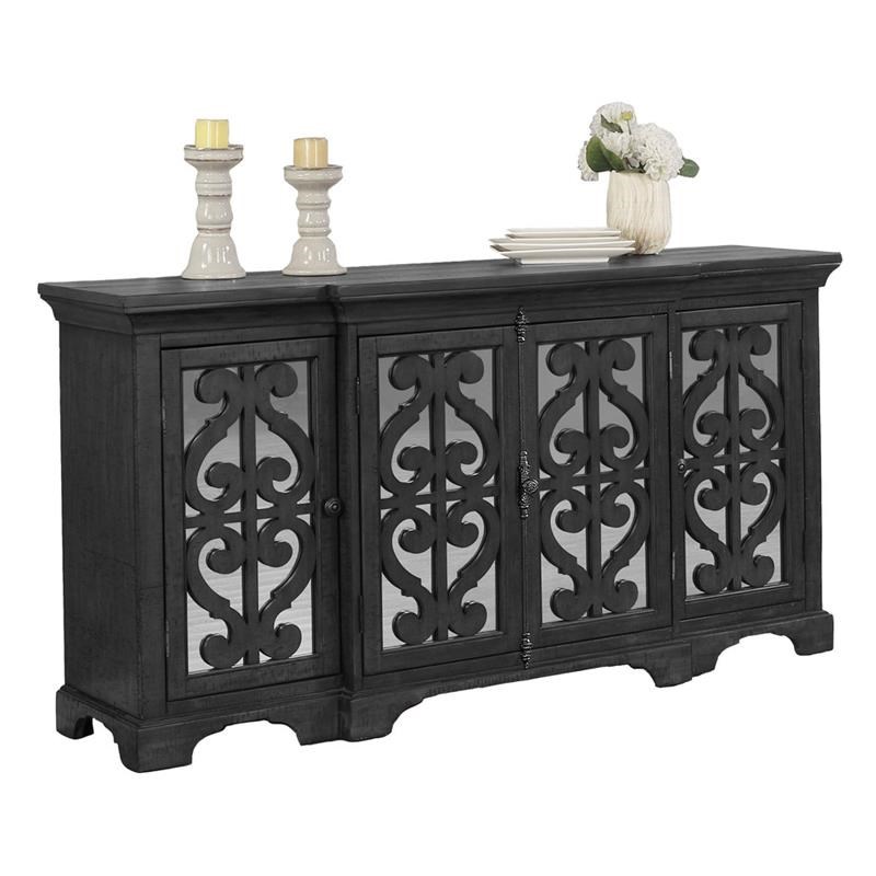 Dark Gray Wood Sideboard Buffet Server with 4 Doors and Mirrored Front