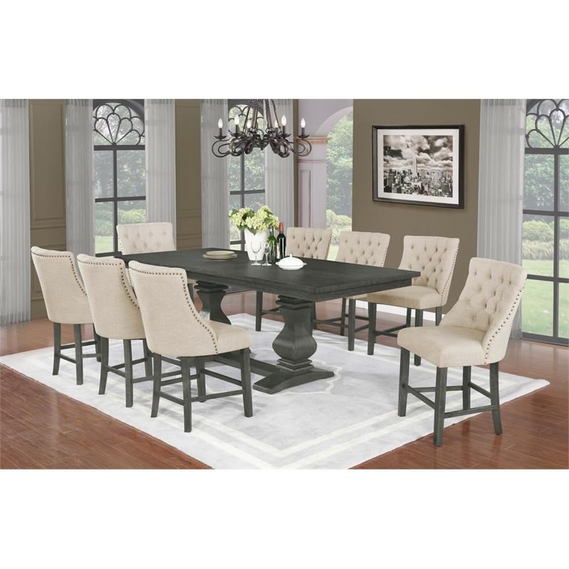 Gray Oak Wood Counterheight 9pc Dining Set with Beige Linen Chairs