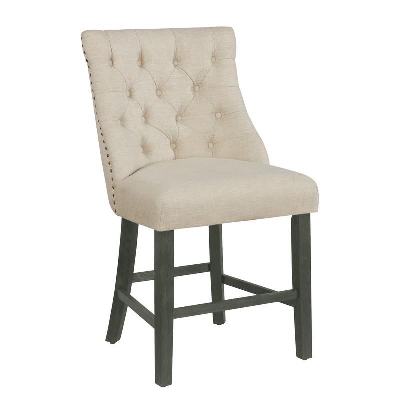 Beige Linen Fabric Counterheight Dining Chairs with Tufted Seats (Set of 2)