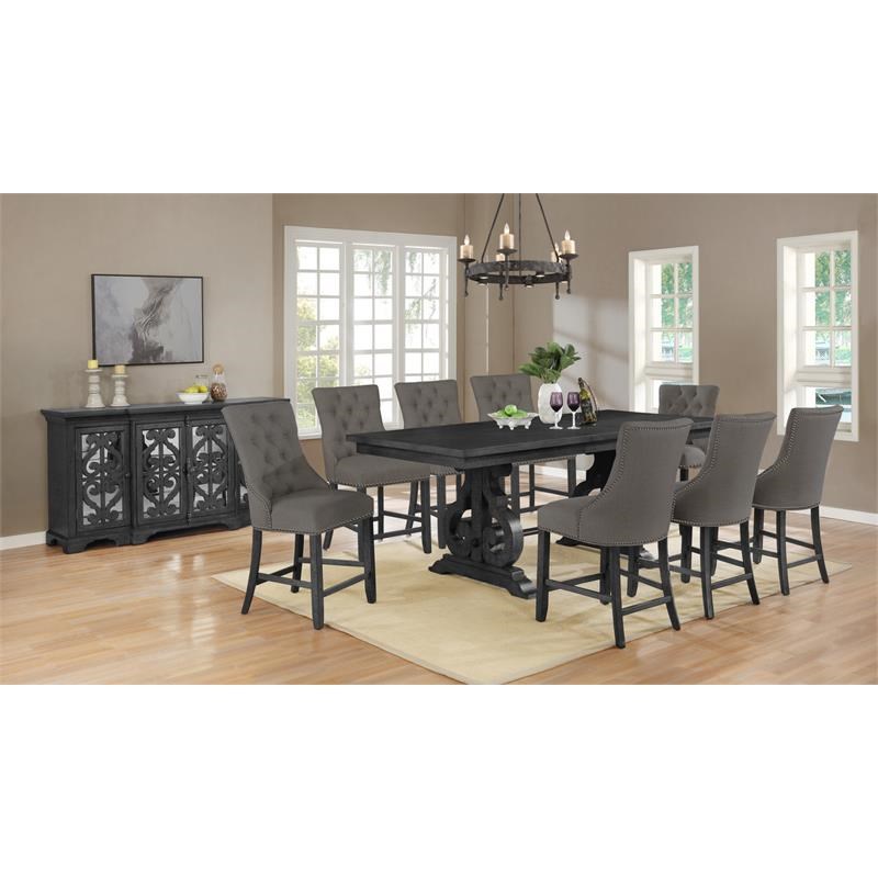 Counterheight 10pc Dining Set in Dark Gray Wood with Gray Linen Chairs + Server