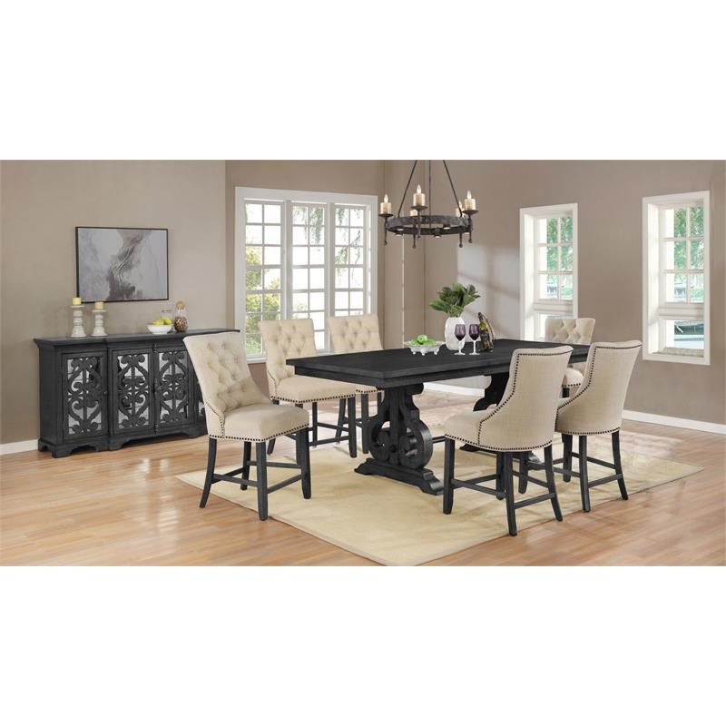 Counterheight 8pc Dining Set in Dark Gray Wood with Beige Linen Chairs + Server