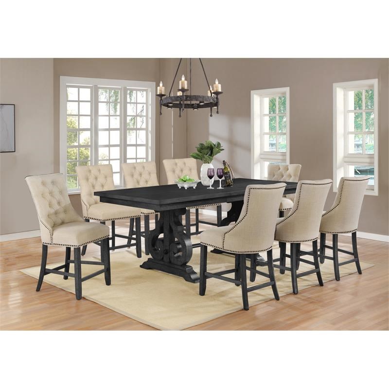 Counterheight 9pc Dining Set in Dark Gray Wood with Beige Linen Chairs