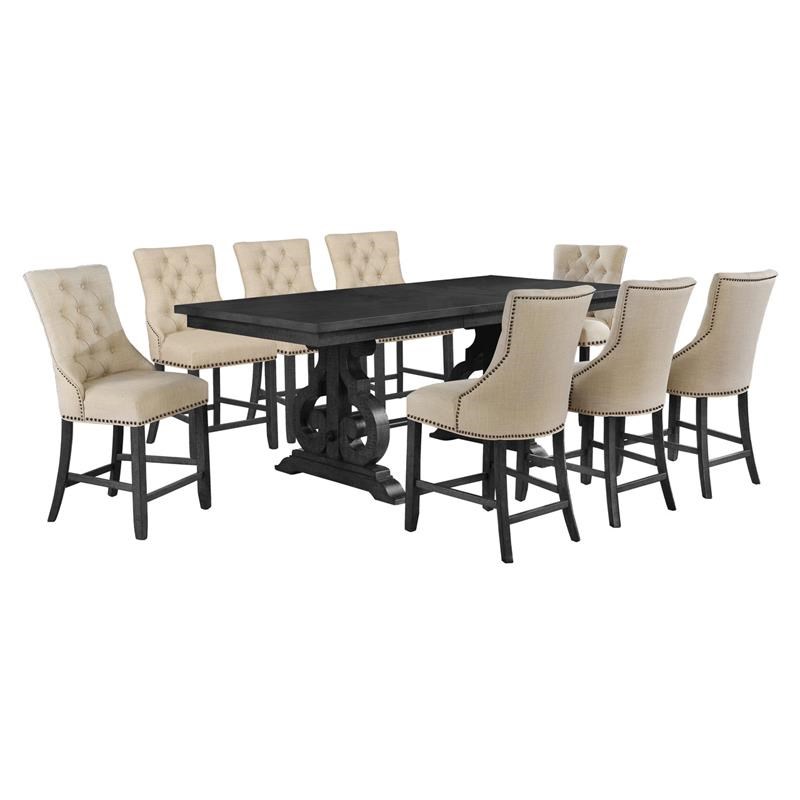 Counterheight 9pc Dining Set in Dark Gray Wood with Beige Linen Chairs