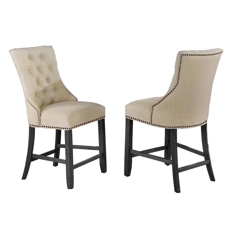 Counterheight Dining Chairs Upholstered with Beige Linen Fabric (Set of 2)